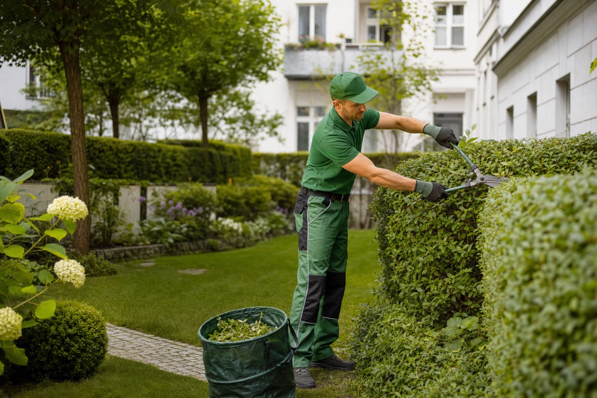 Gärtner beim fachgerechten Rückschnitt einer Hecke