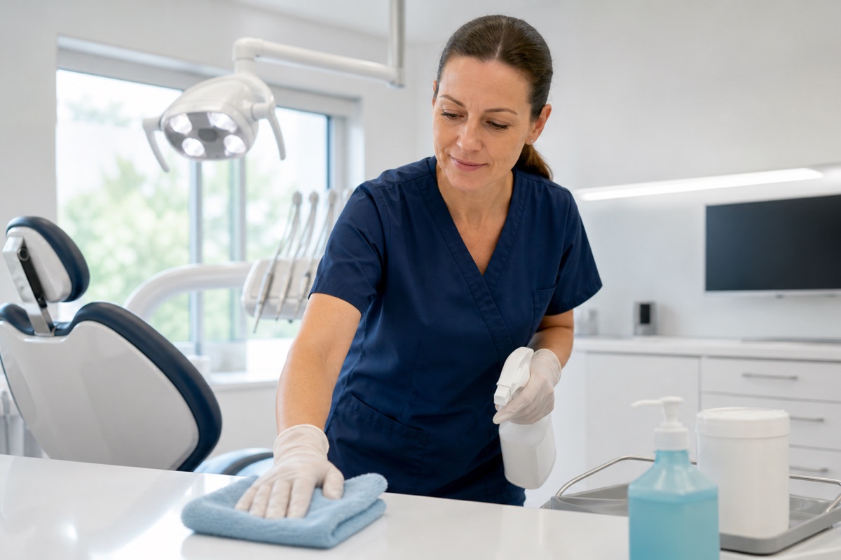Reinigungskraft bei der hygienischen Reinigung einer Praxis